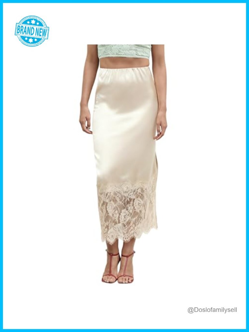 Satin Maxi Skirt Lace Patchwork Elastic Waist A-Line Side Zip Underskirt